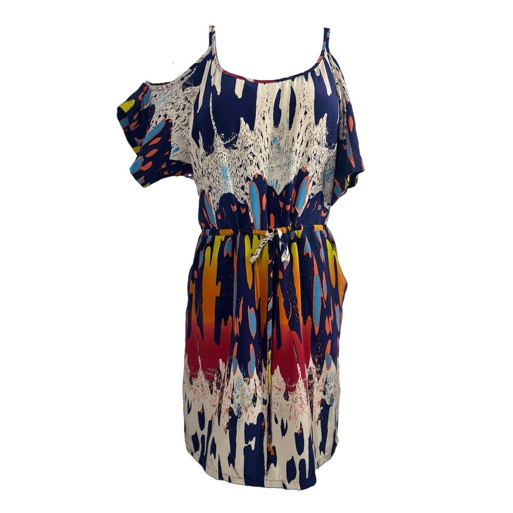 Women's Bright 100% Silk Abstract Mini Cold Shoulder Dress Jack & Ginger Sz: M